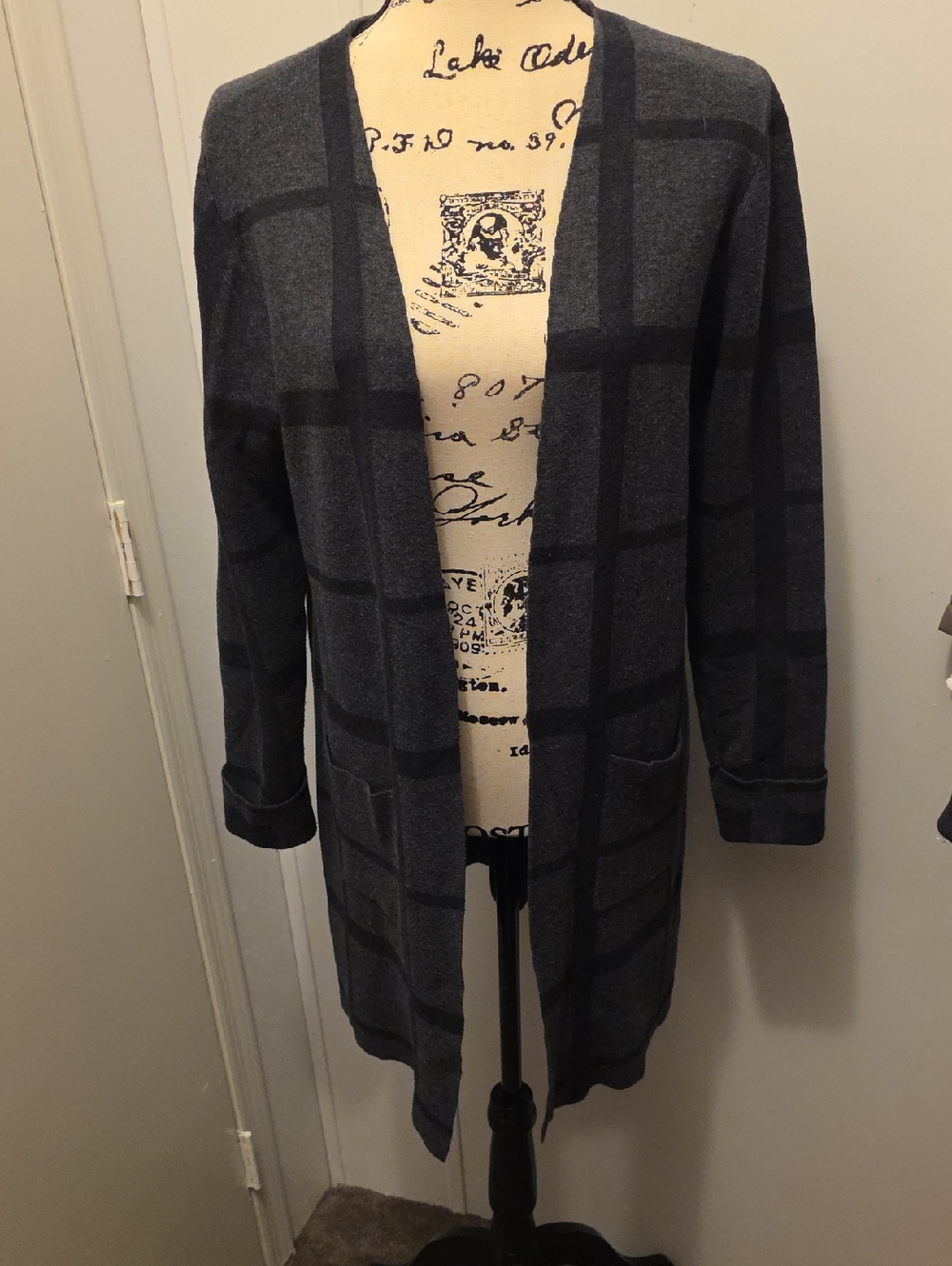 Open-Front Gray Windowpane Long Cardigan Sweater